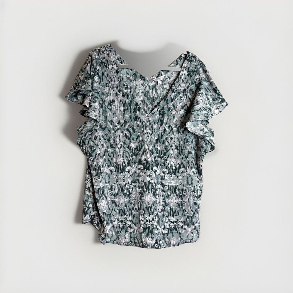 Liverpool Los Angeles Womens Blouse XL Gray Green Abstract V-Neck Ruffle Sleeve